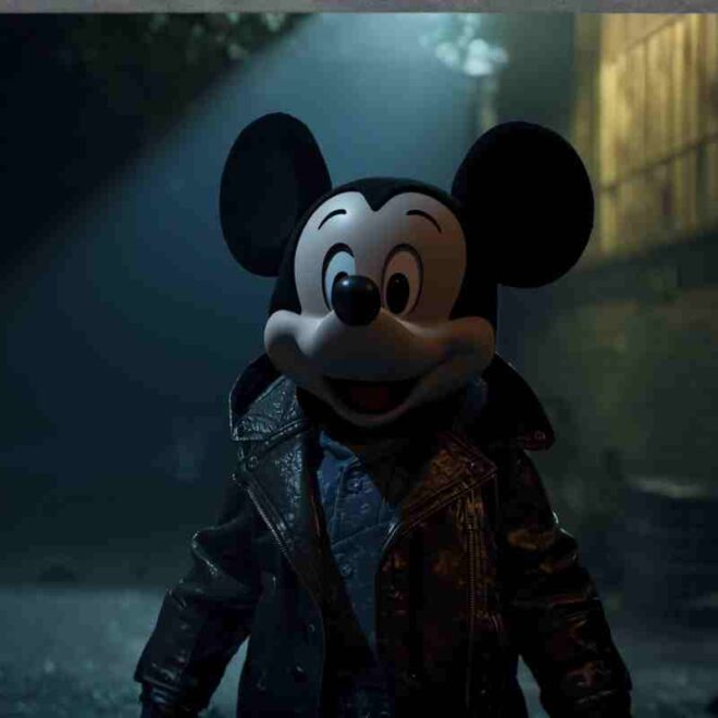 Mickey Mouse Wearing a Shady Leather Jacket Film Theory Scene